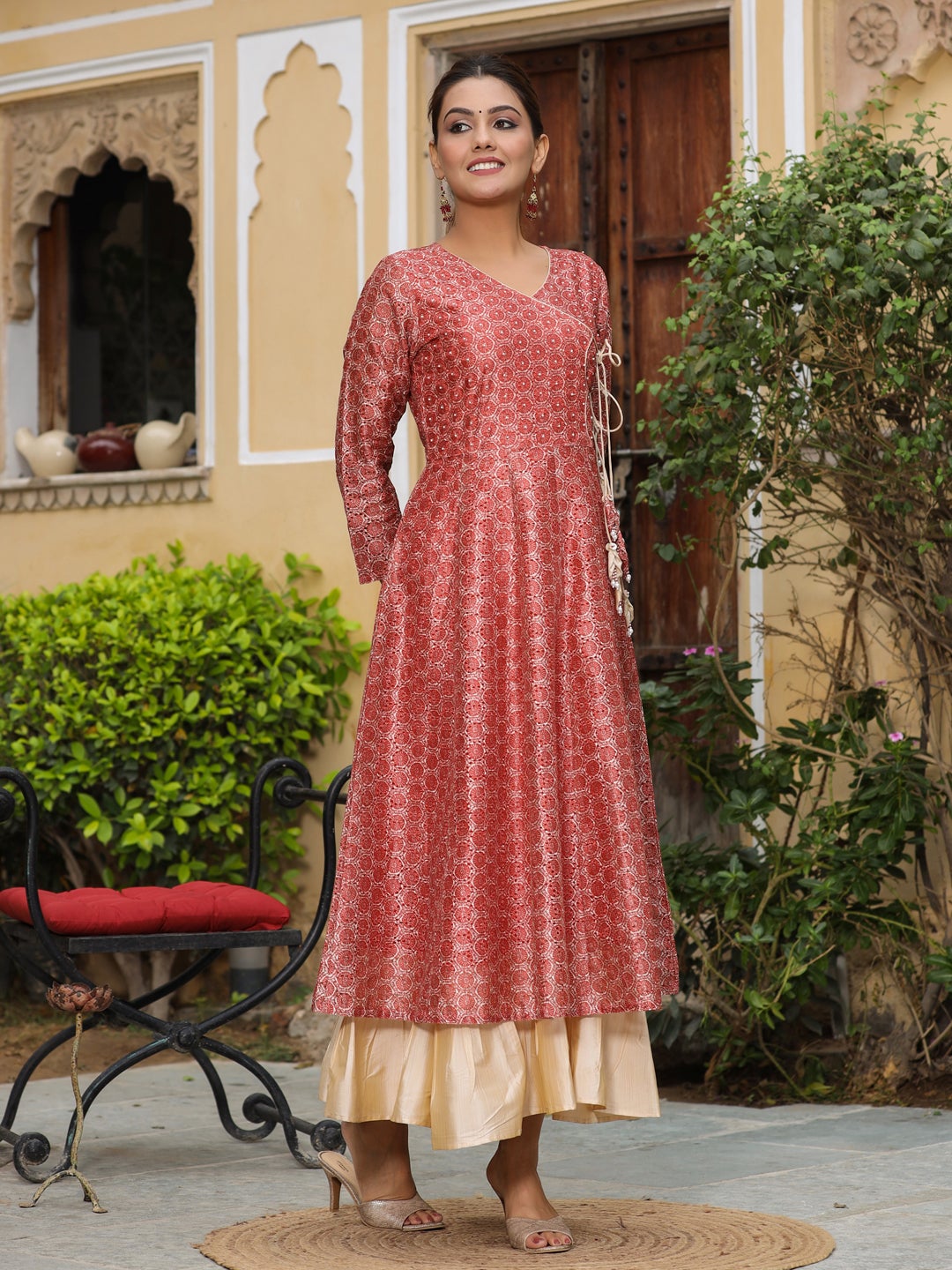 Schiffli Chanderi Silk Rust Angrakha Kurta