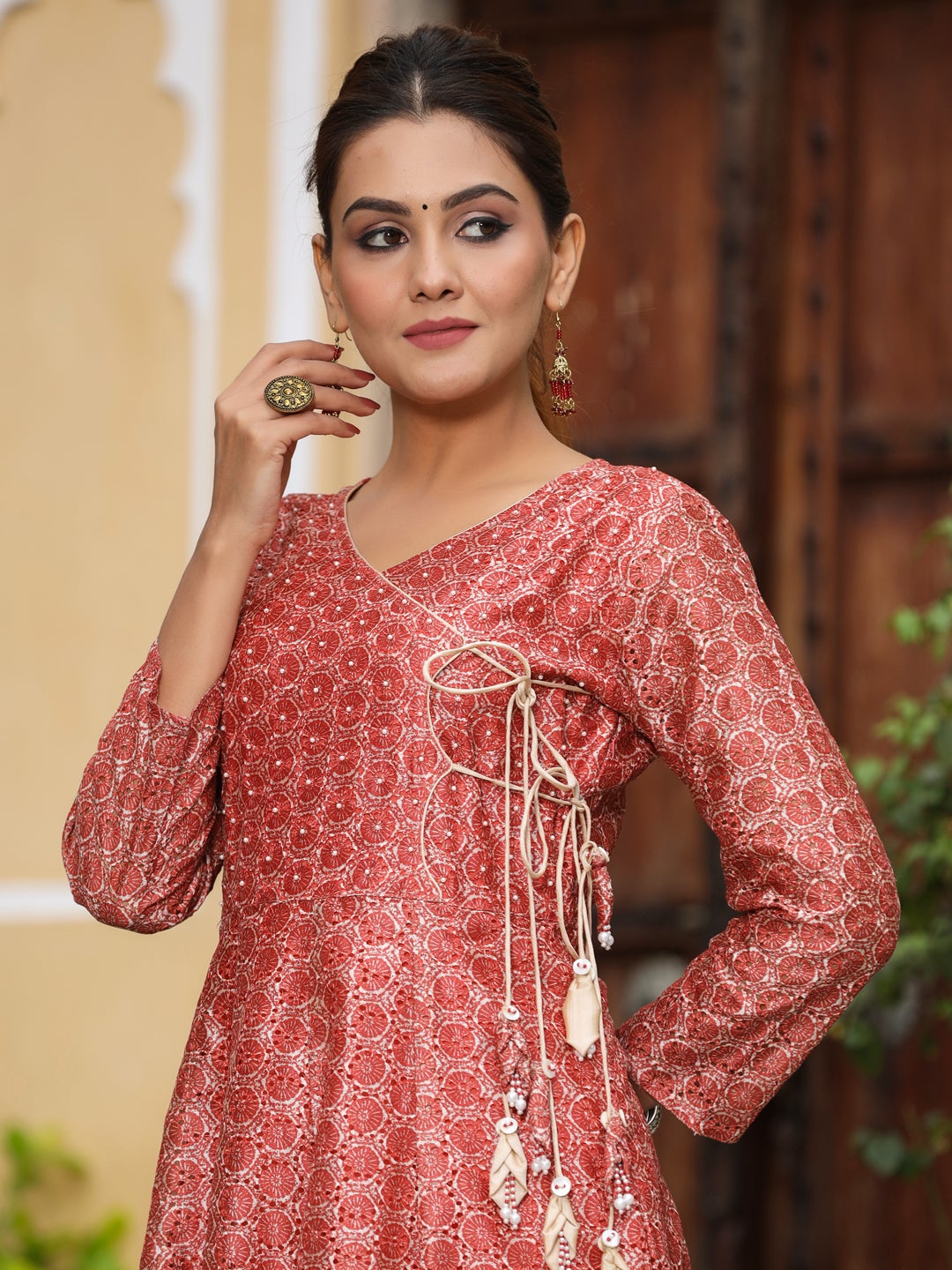Schiffli Chanderi Silk Rust Angrakha Kurta