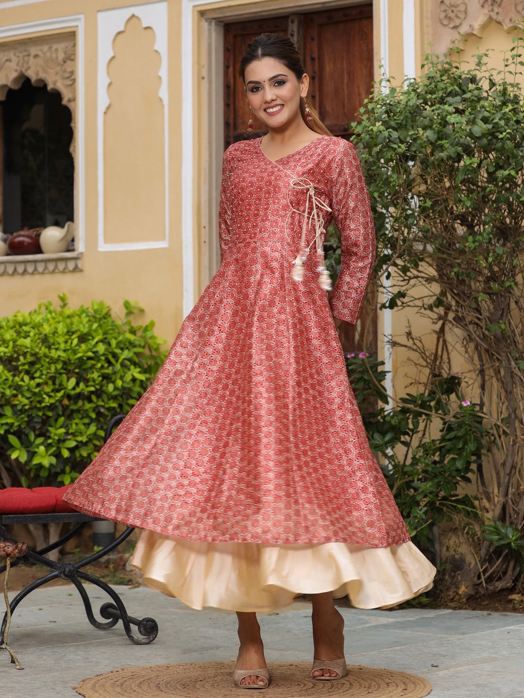 Schiffli Chanderi Silk Rust Angrakha Kurta