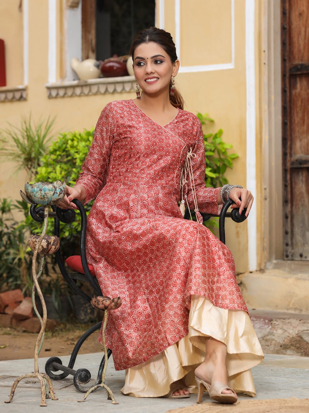 Schiffli Chanderi Silk Rust Angrakha Kurta