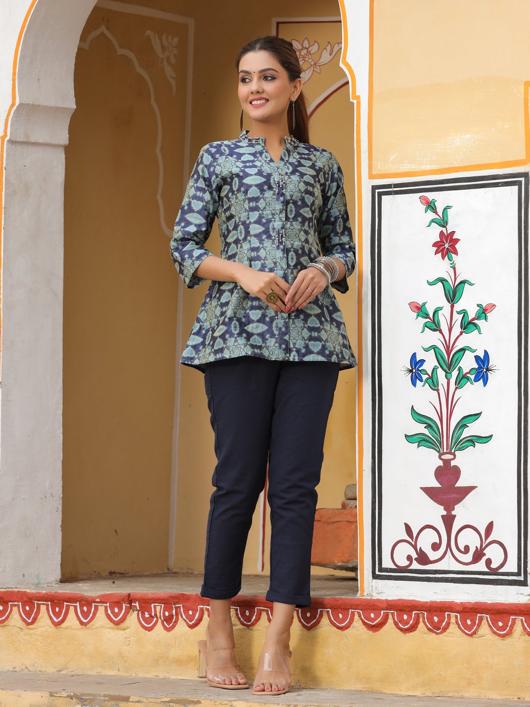 Blue Chanderi Jacquard Embellished Tunic