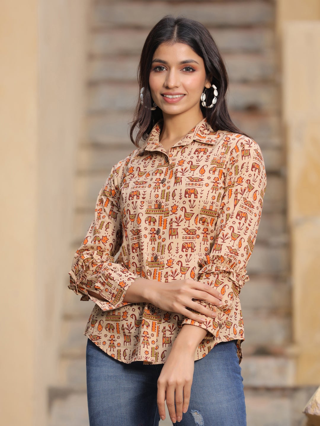 Beige Ethnic Printed Cotton Frills Shirt