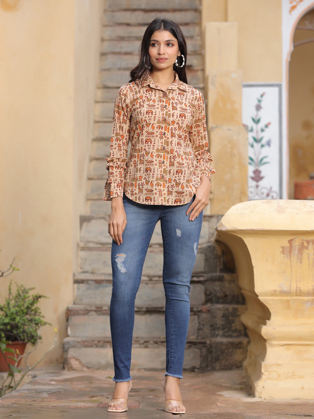 Beige Ethnic Printed Cotton Frills Shirt