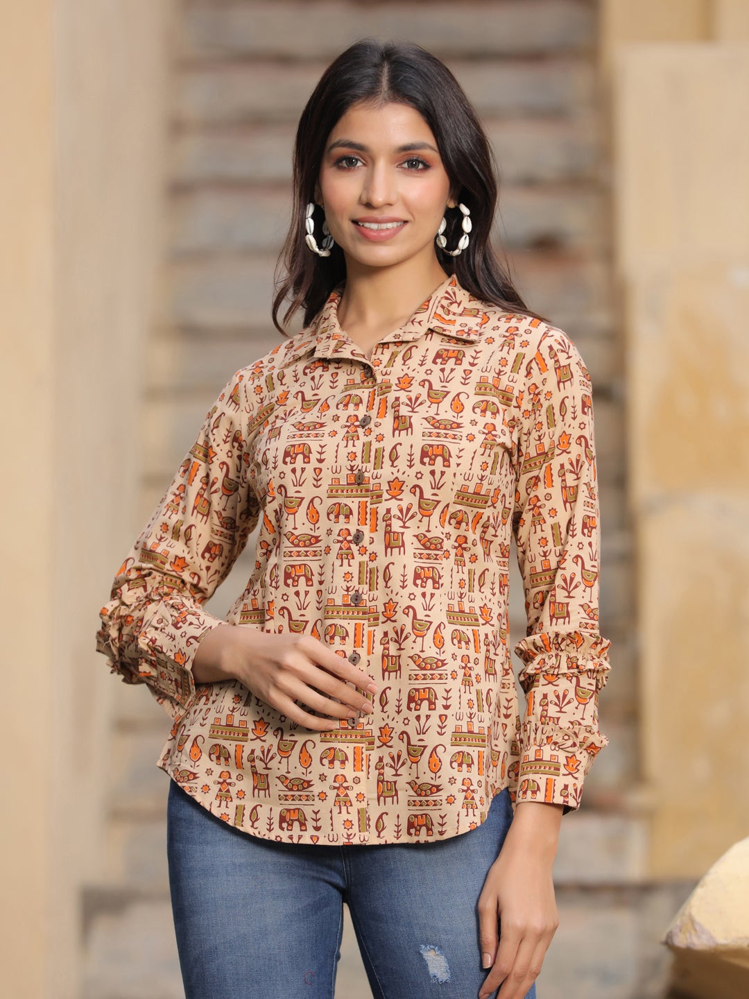 Beige Ethnic Printed Cotton Frills Shirt
