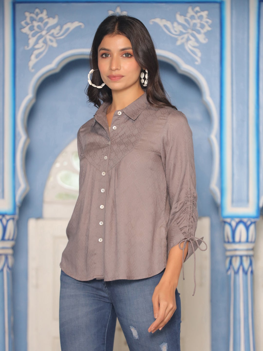 Grey Self Weave Gathered Sleeves Shirt