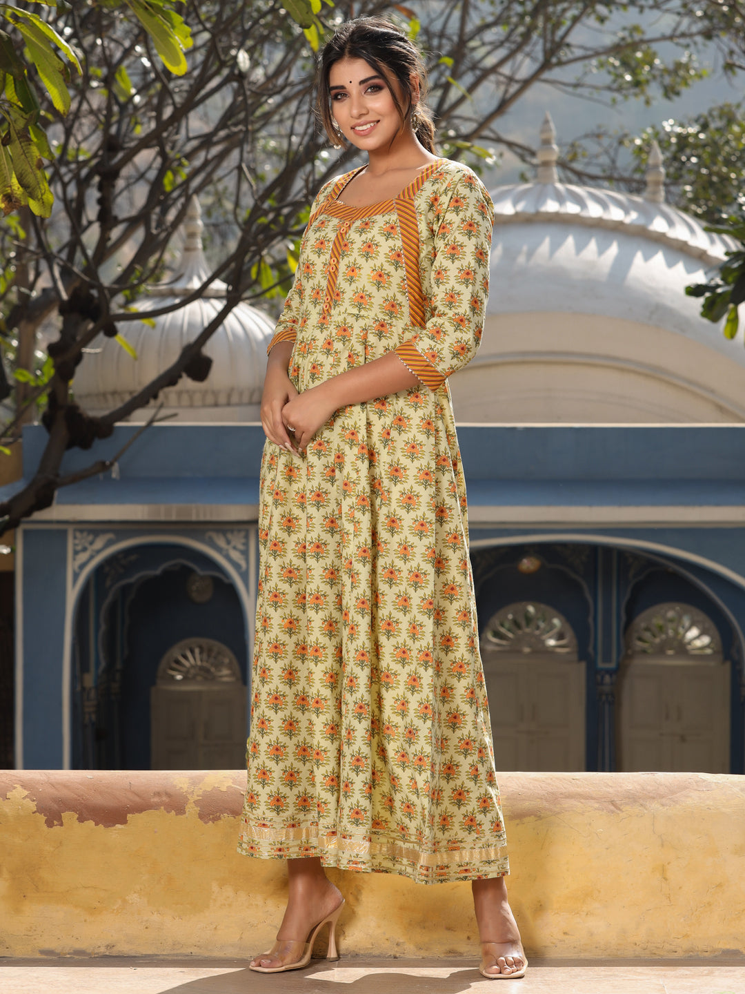Yellow Anarkali Long Printed Kurta