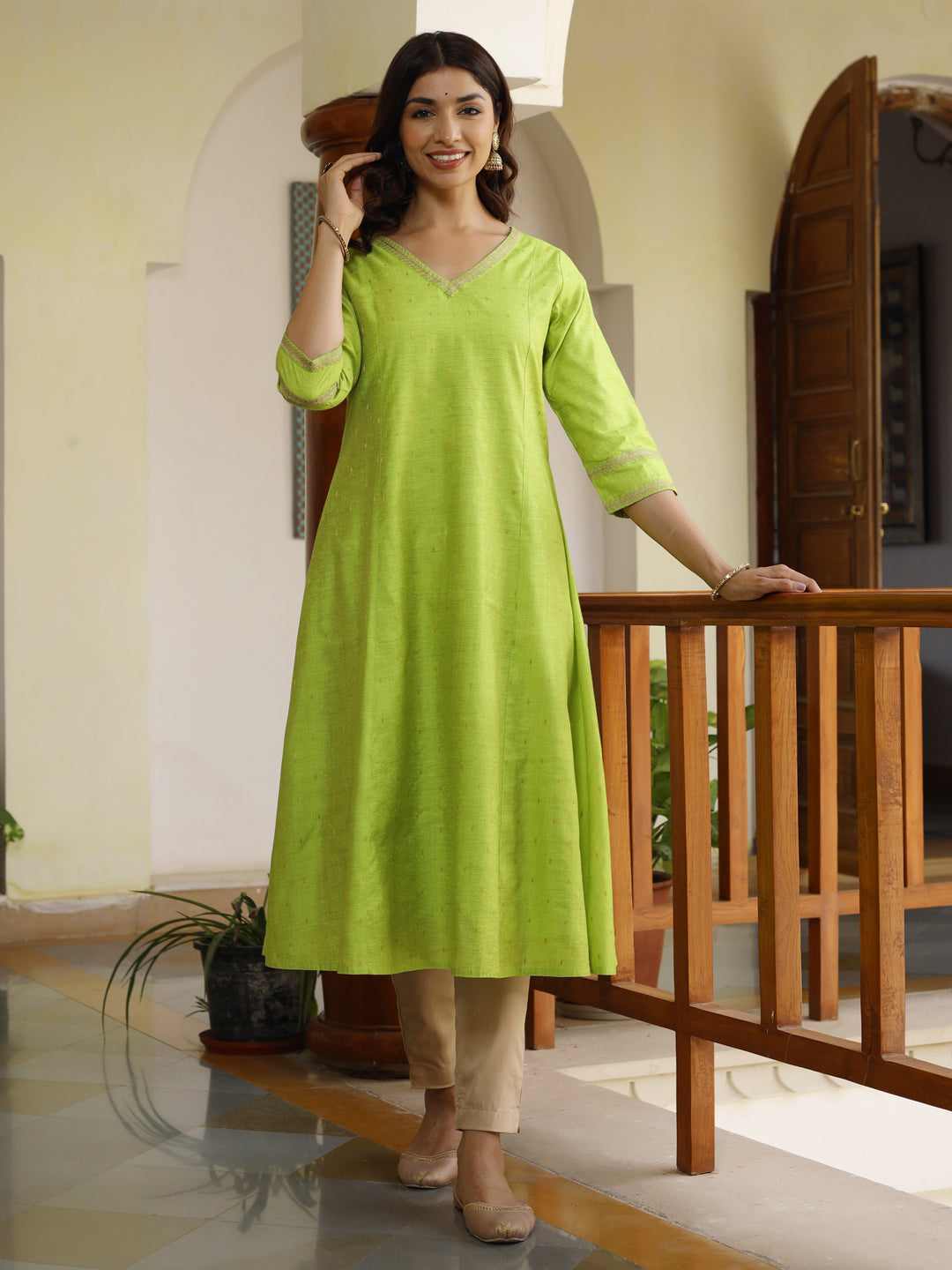 Green Embroidered Silk A-line Kurta