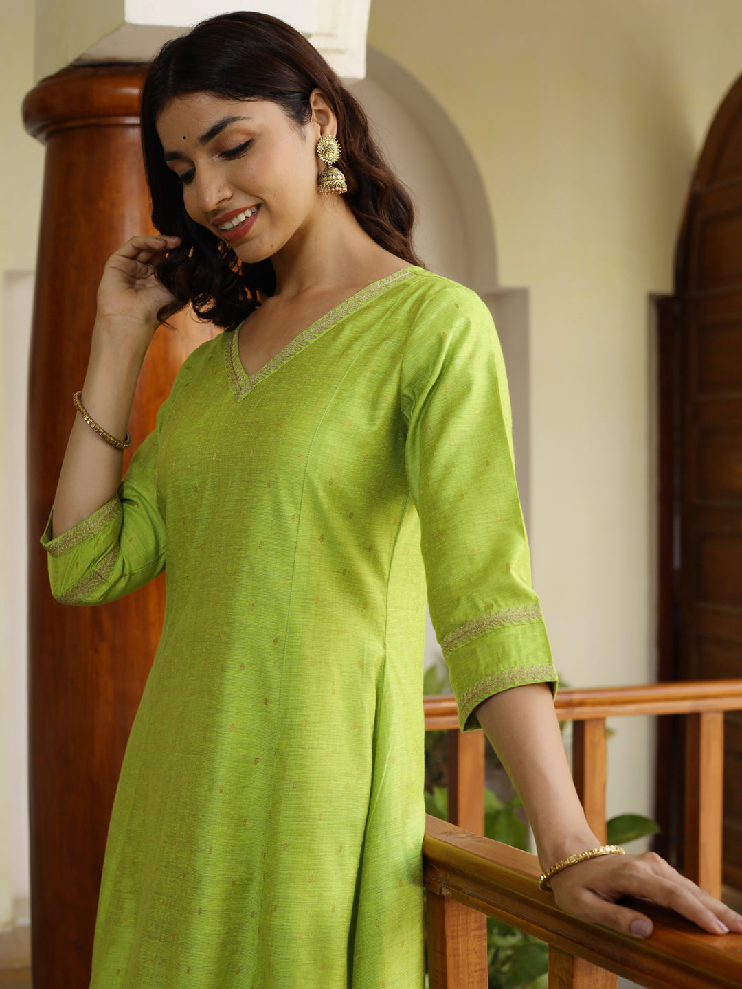 Green Embroidered Silk A-line Kurta