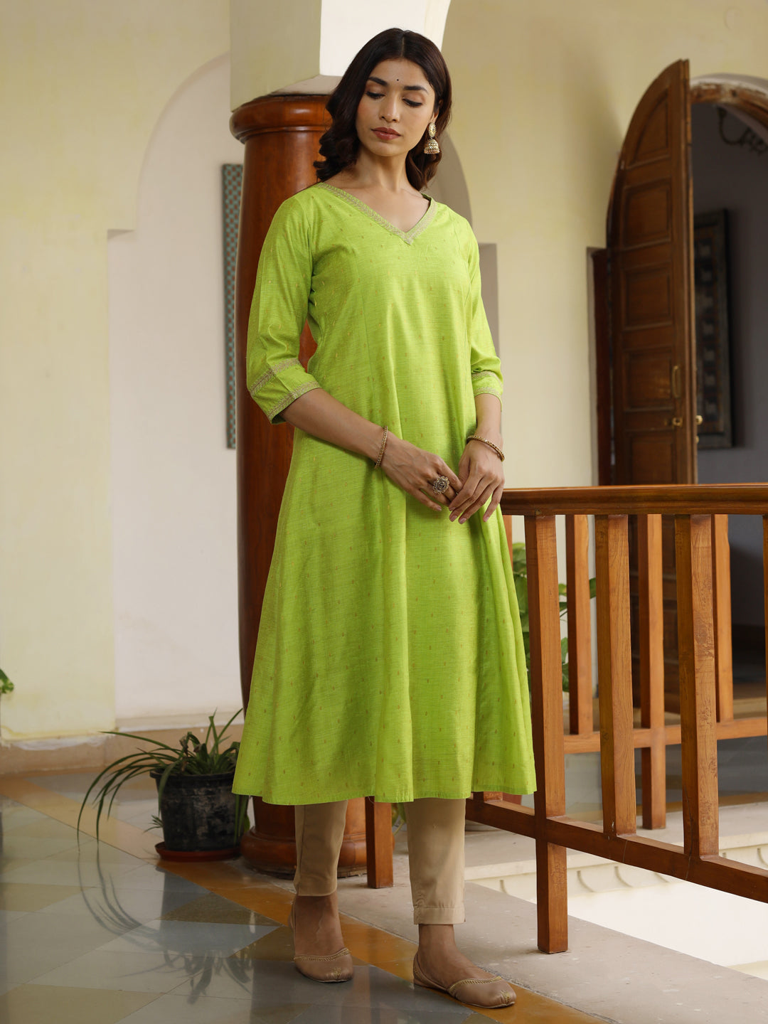 Green Embroidered Silk A-line Kurta