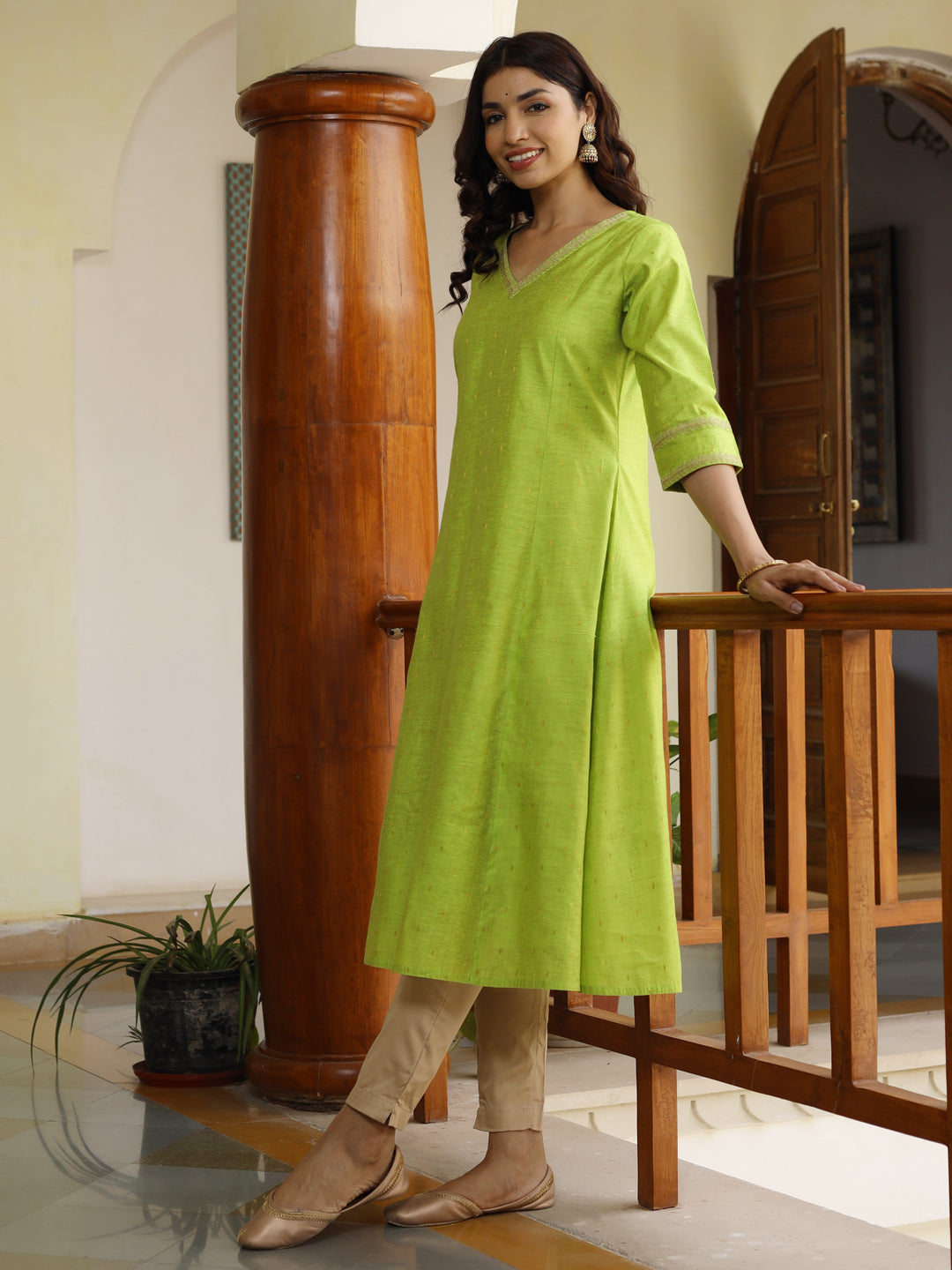 Green Embroidered Silk A-line Kurta