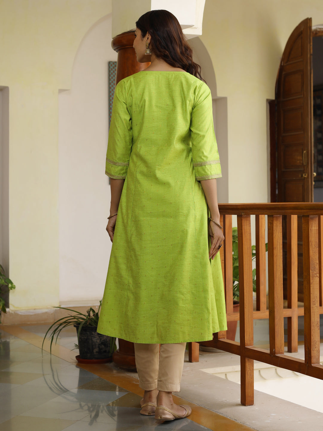 Green Embroidered Silk A-line Kurta