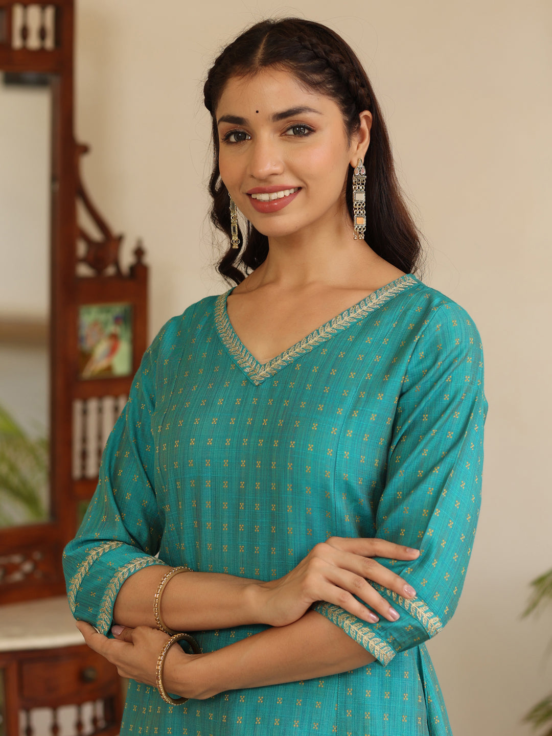 Turquoise Self Weave Chanderi A-Line Princess-Cut Embroidered Kurta