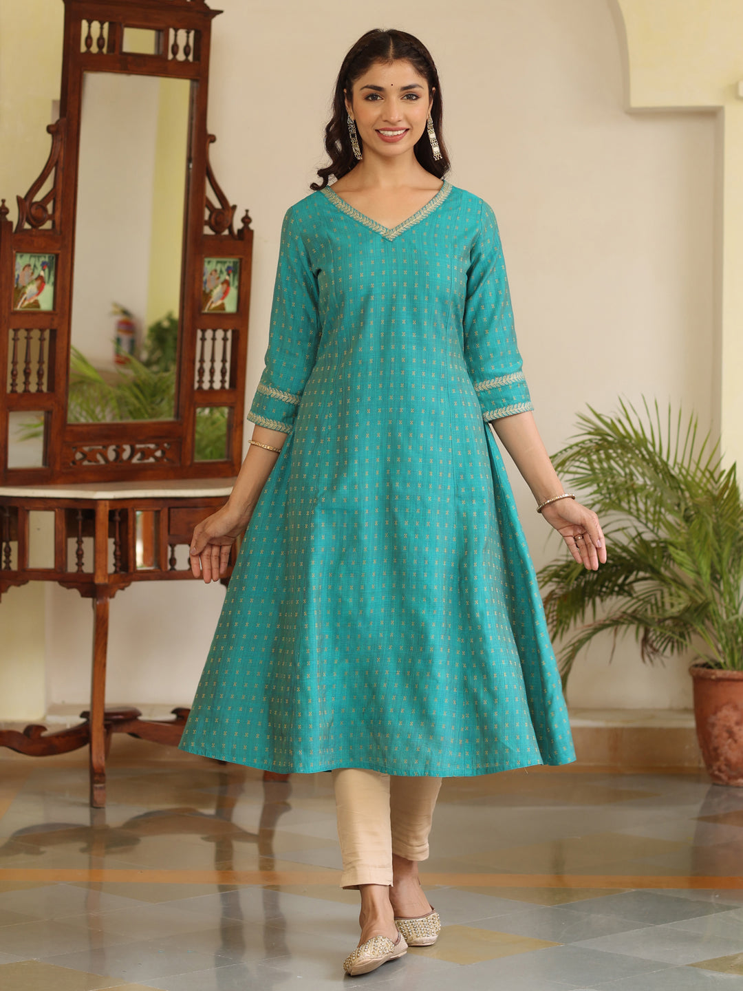 Turquoise Self Weave Chanderi A-Line Princess-Cut Embroidered Kurta
