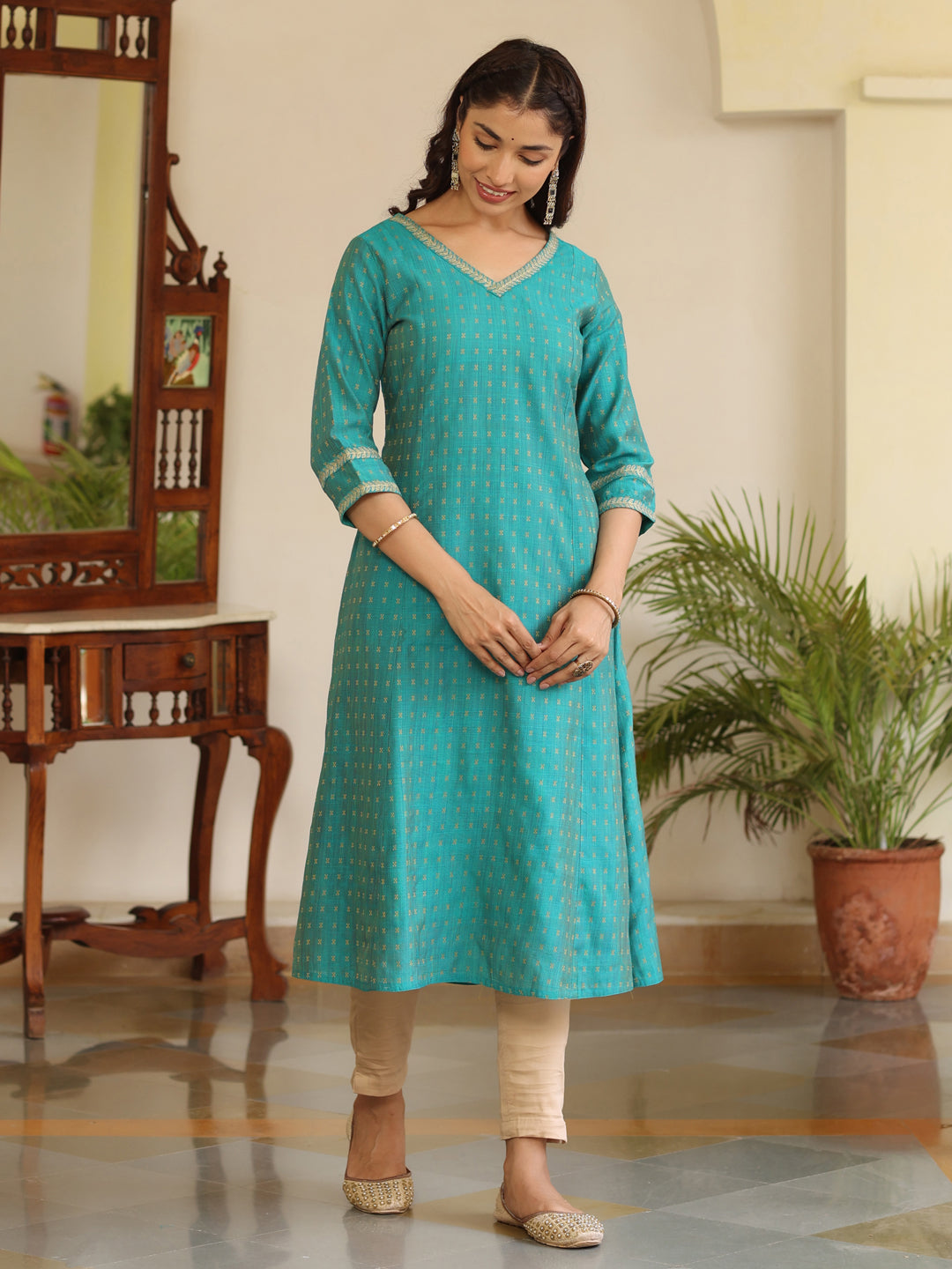 Turquoise Self Weave Chanderi A-Line Princess-Cut Embroidered Kurta