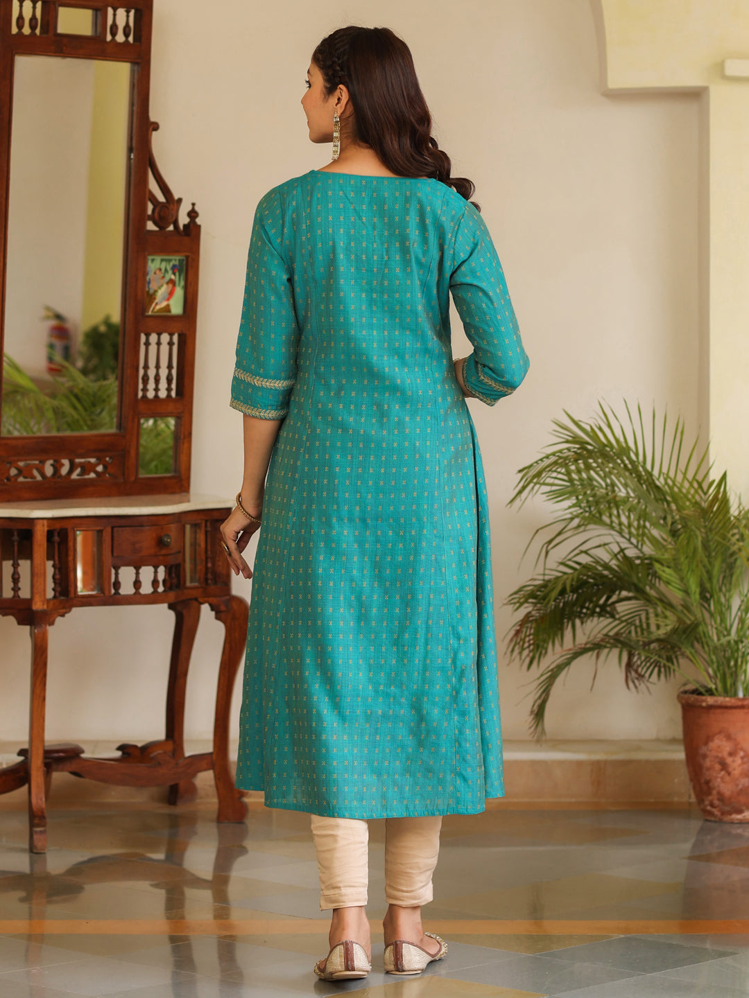 Turquoise Self Weave Chanderi A-Line Princess-Cut Embroidered Kurta