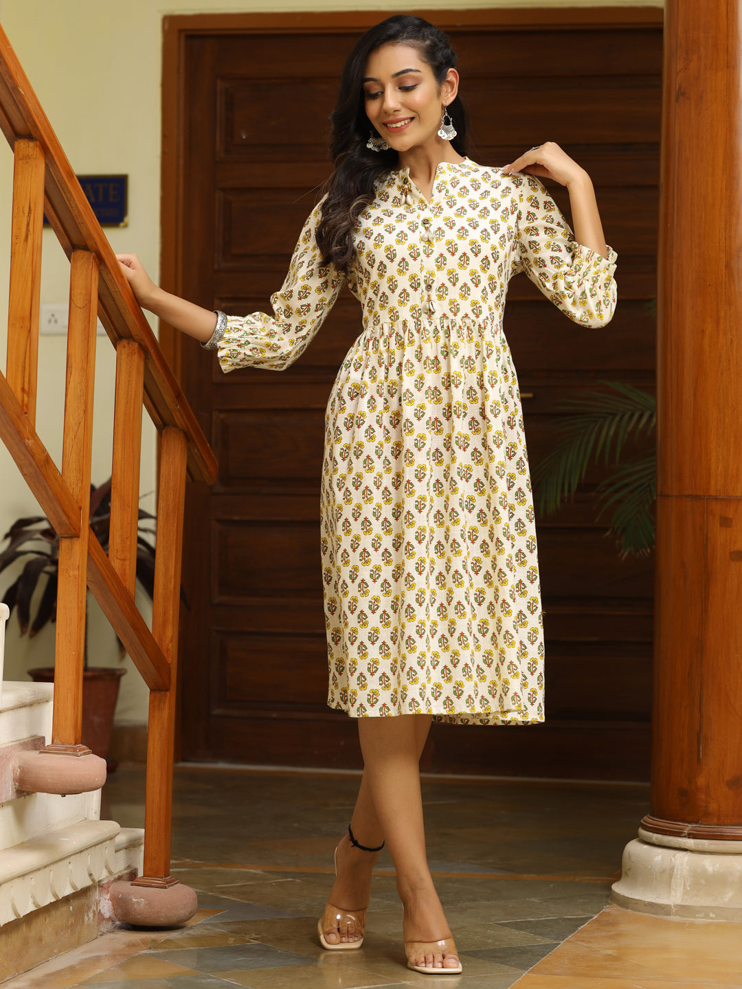 Off White Ethnic Printed Flared Cotton Dress