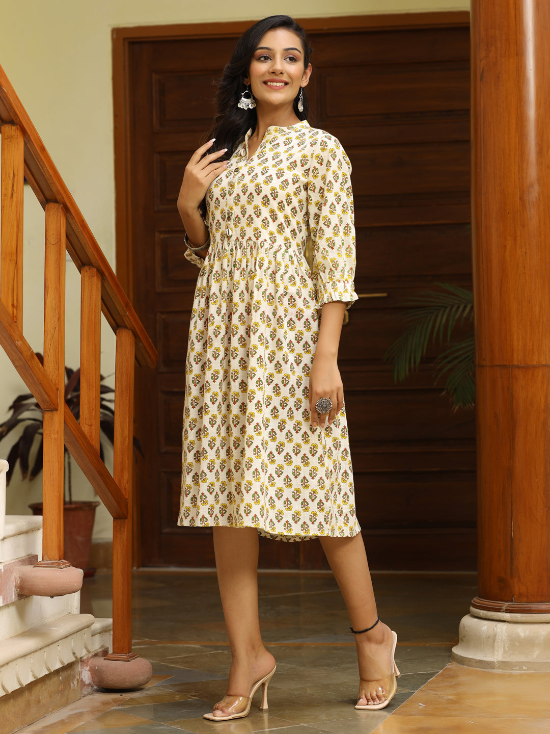 Off White Ethnic Printed Flared Cotton Dress