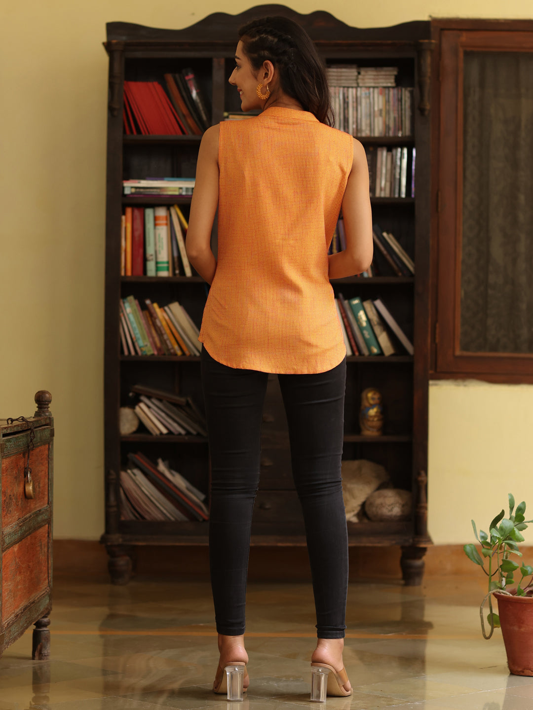 Yellow Checkered Yarn Dyed Sleeveless Top