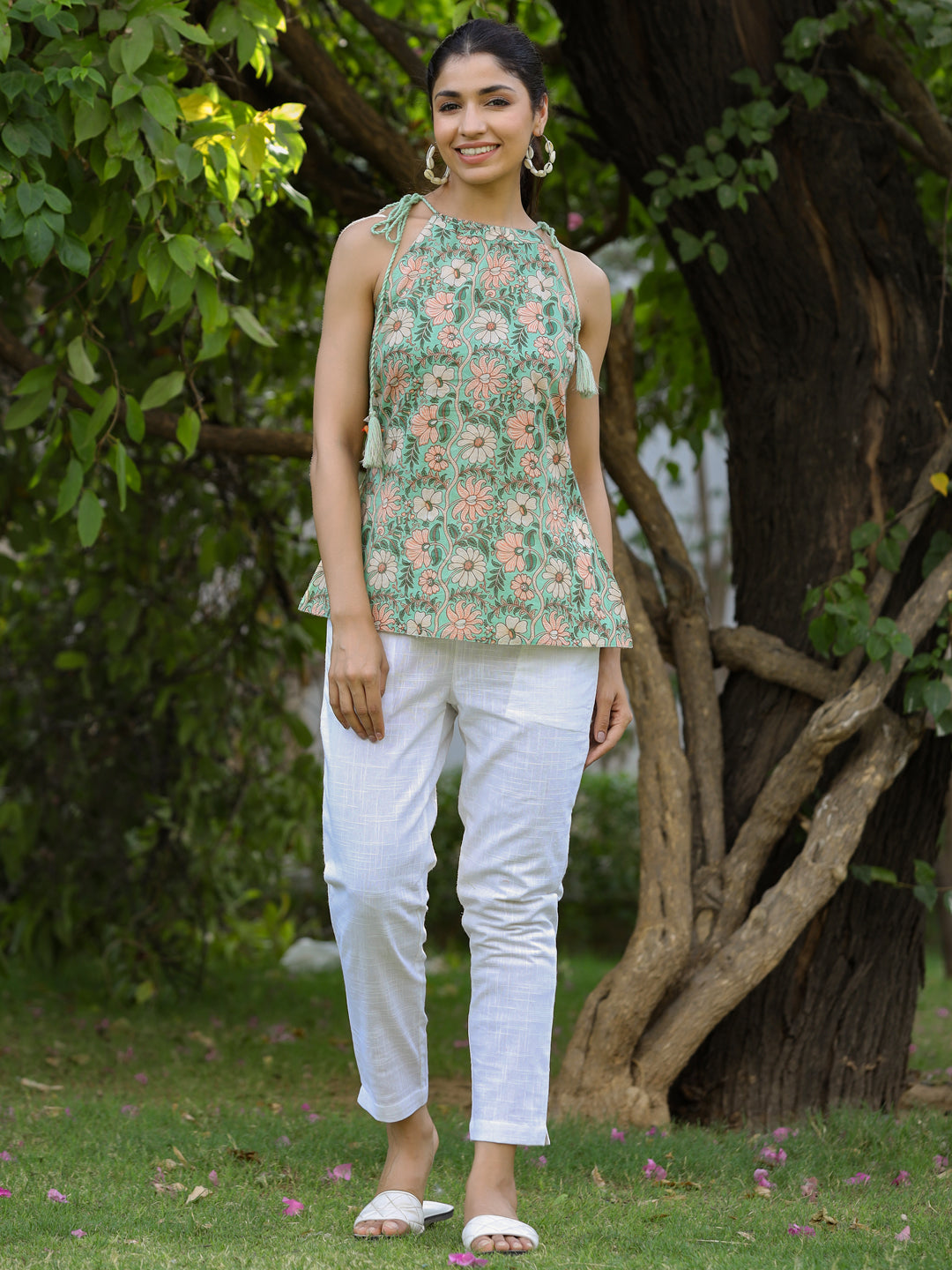 Buy Green Ethnic Cotton Printed Tie-Up Top