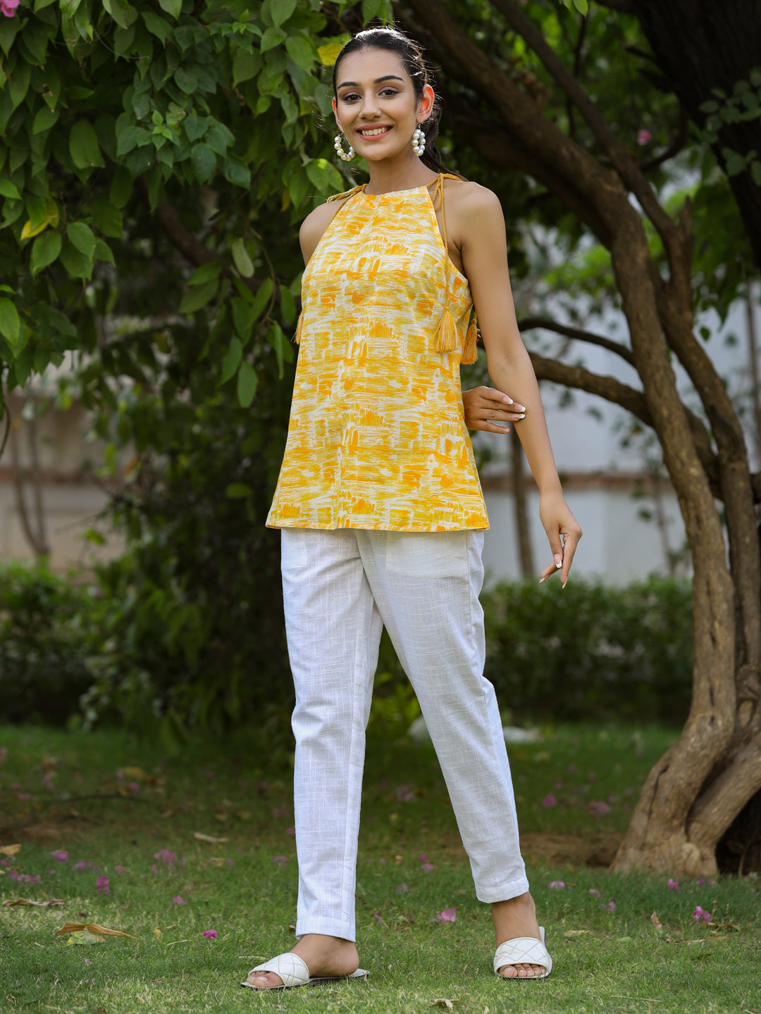 Buy Yellow Ethnic Cotton Printed Tie-Up Top