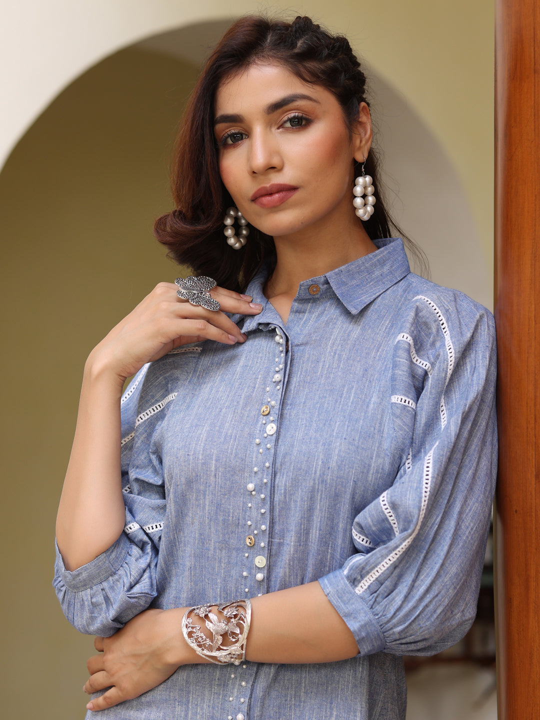 Embellished Blue Yarn Dyed Cotton Puff Sleeves Shirt Dress