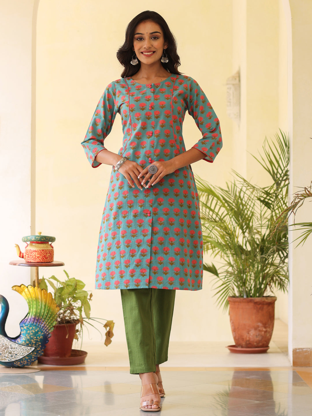 Blue Ethnic Printed Cotton Kurta