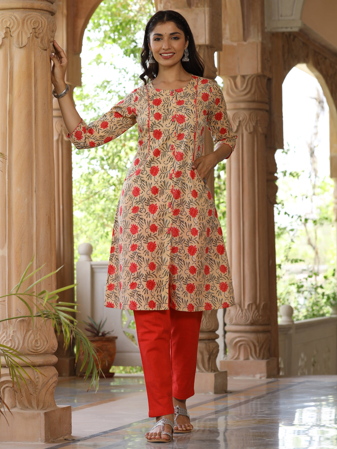 Women Beige Printed Cotton Ethnic Kurta
