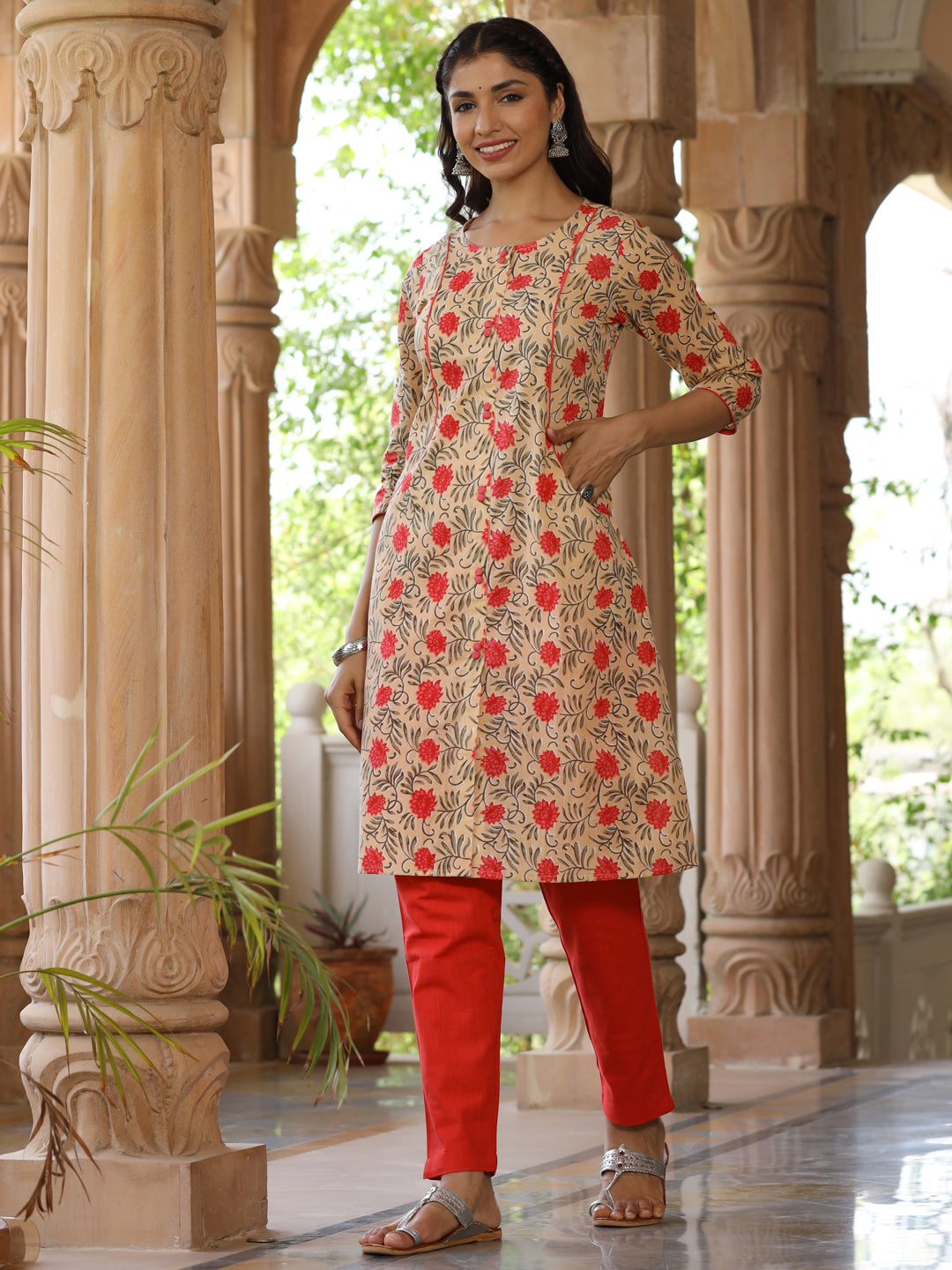 Women Beige Printed Cotton Ethnic Kurta