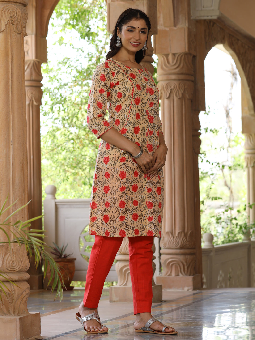 Women Beige Printed Cotton Ethnic Kurta