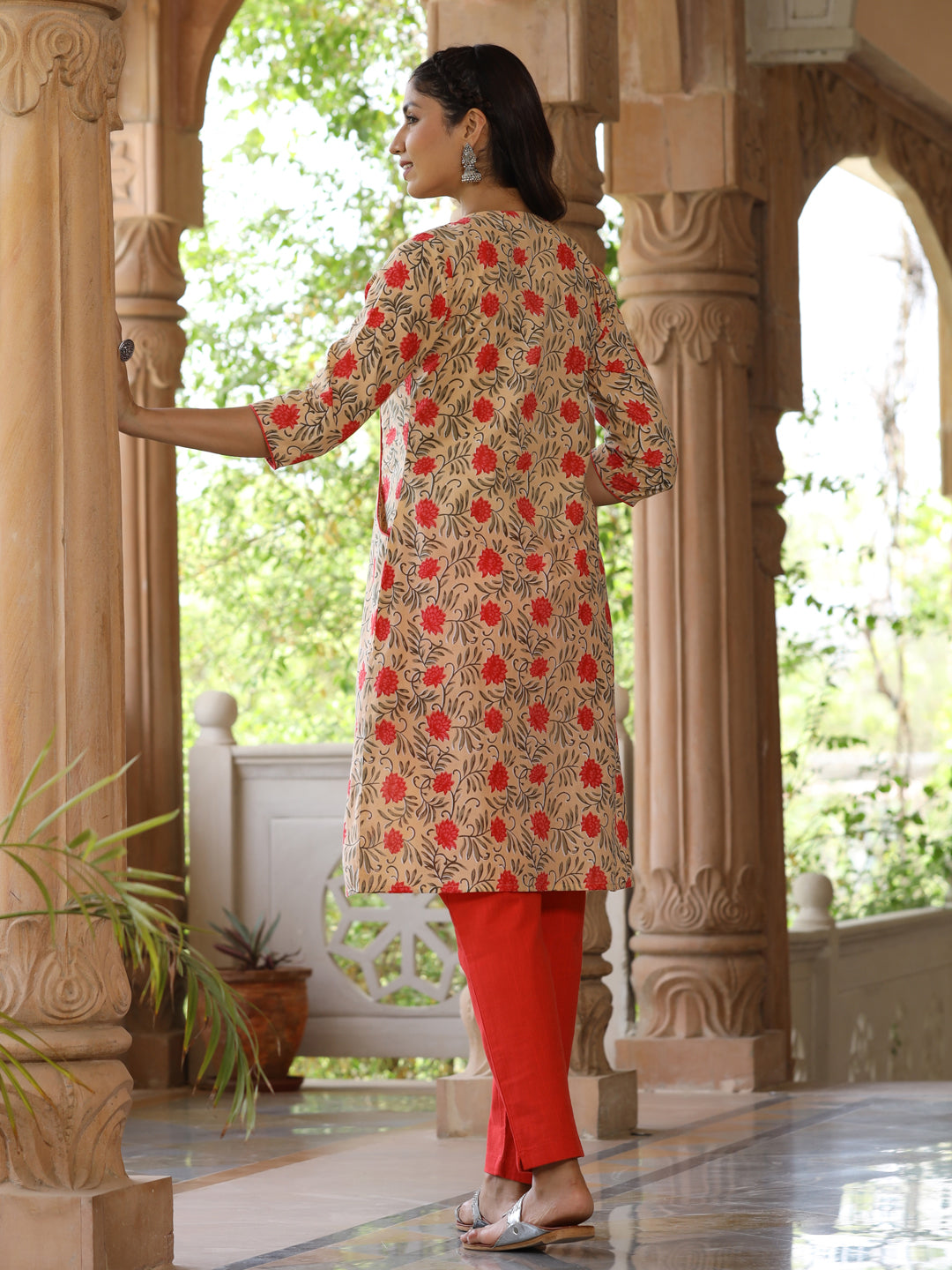 Women Beige Printed Cotton Ethnic Kurta