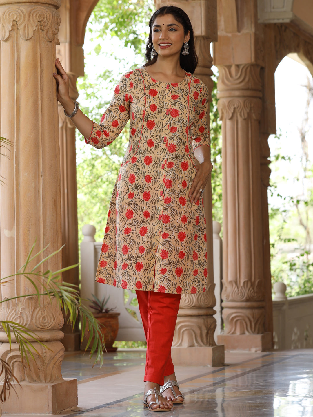 Women Beige Printed Cotton Ethnic Kurta