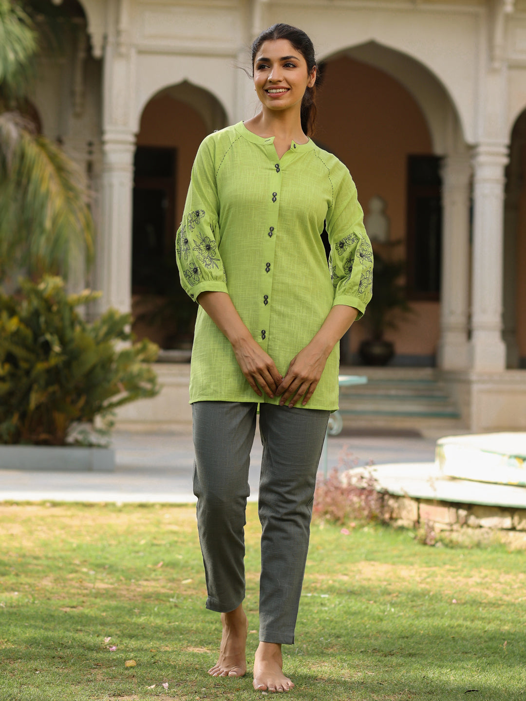 Embroidered Green Puffed Sleeves Long Cotton Shirt