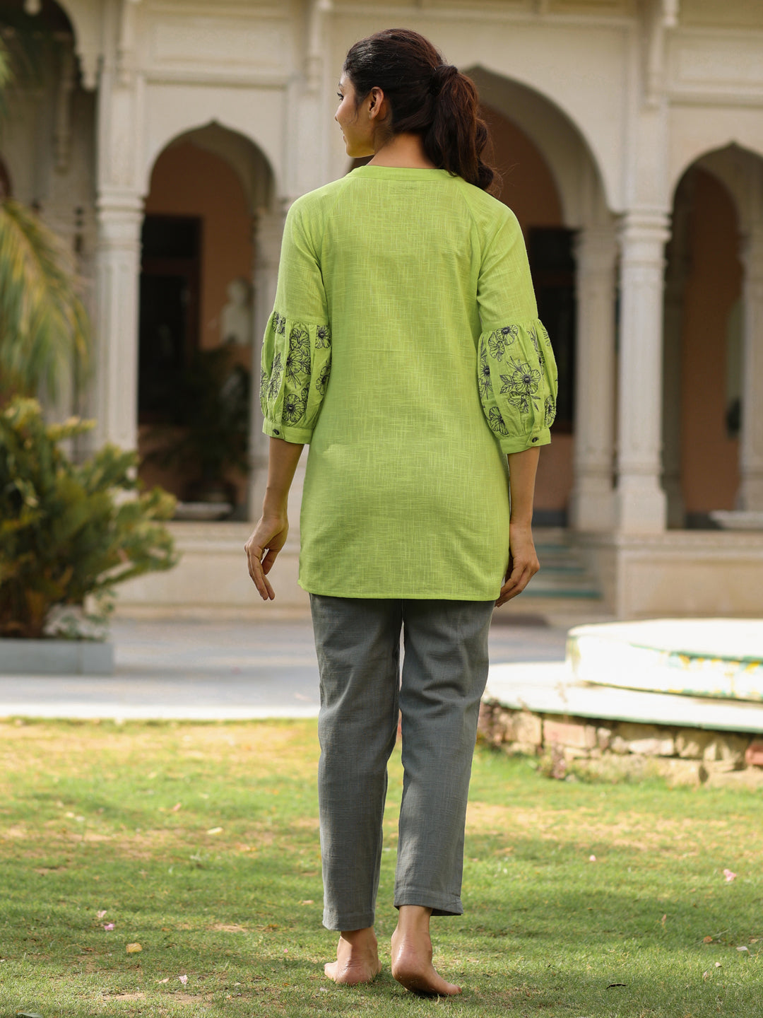 Embroidered Green Puffed Sleeves Long Cotton Shirt