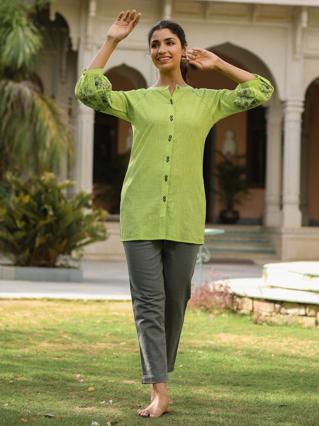 Embroidered Green Puffed Sleeves Long Cotton Shirt