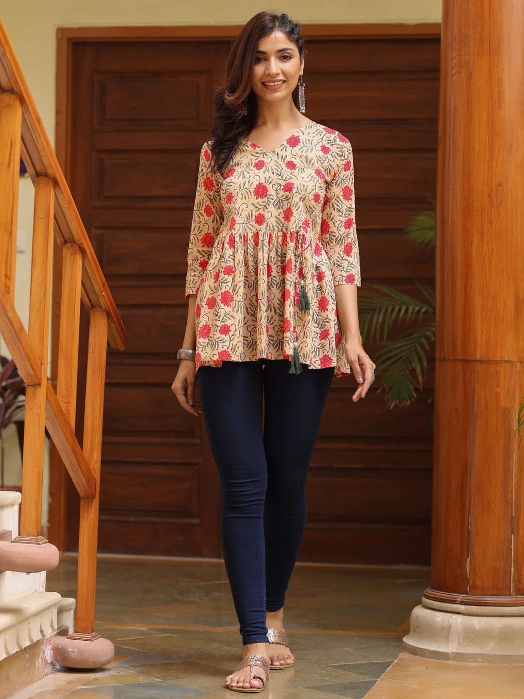 Beige Ethnic Motif Printed Angrakha Cotton Top
