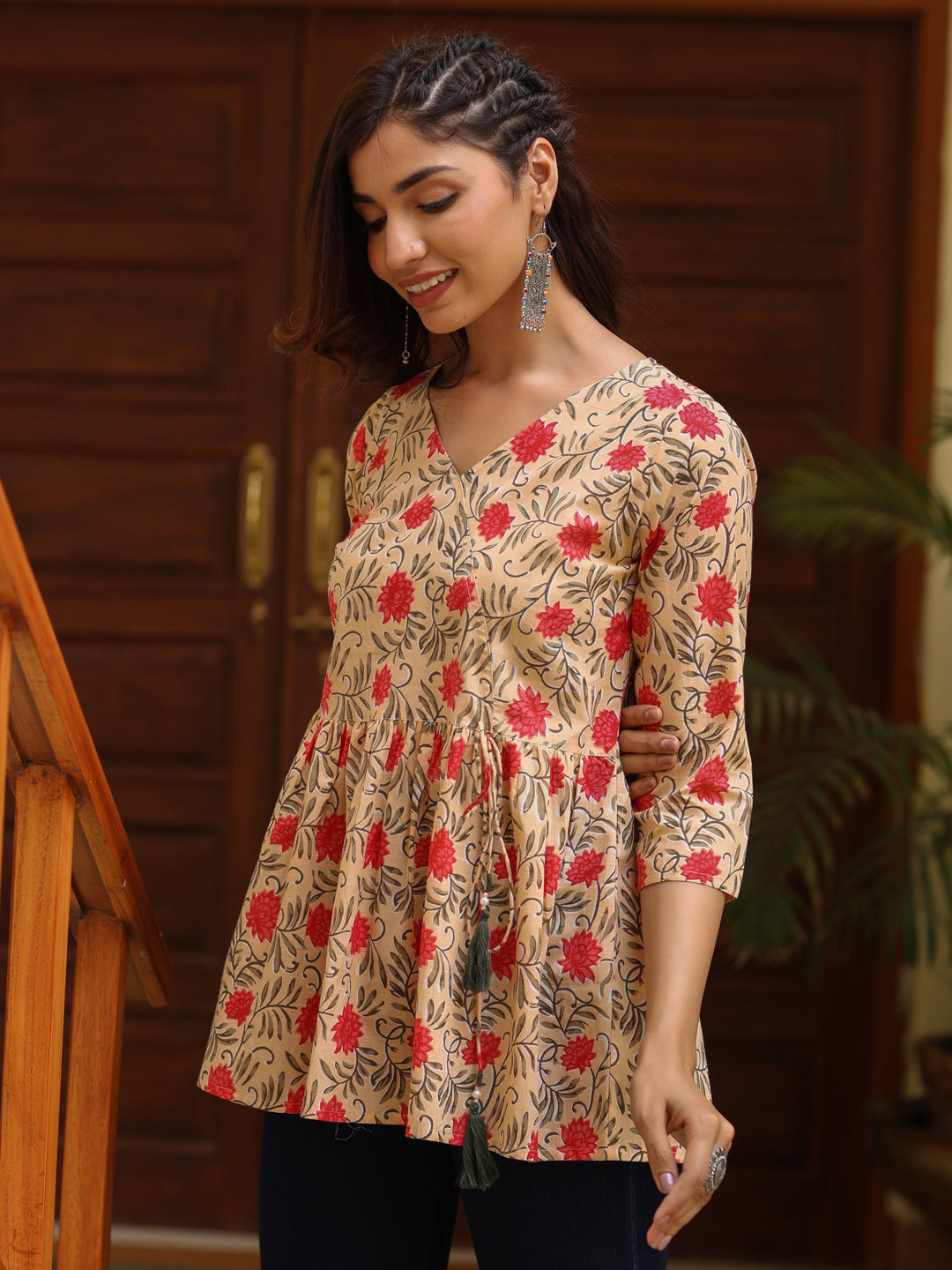 Beige Ethnic Motif Printed Angrakha Cotton Top