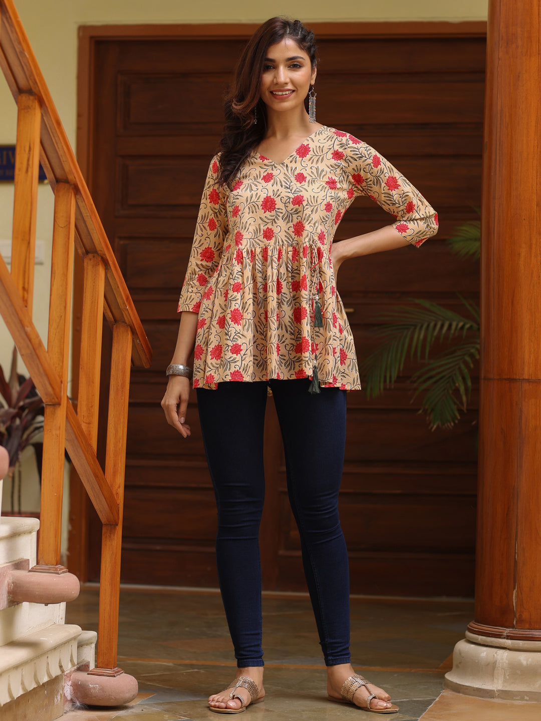 Beige Ethnic Motif Printed Angrakha Cotton Top