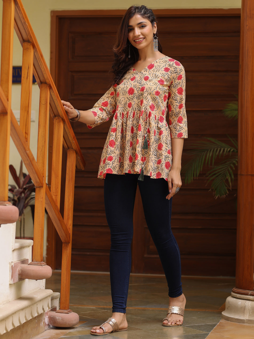Beige Ethnic Motif Printed Angrakha Cotton Top