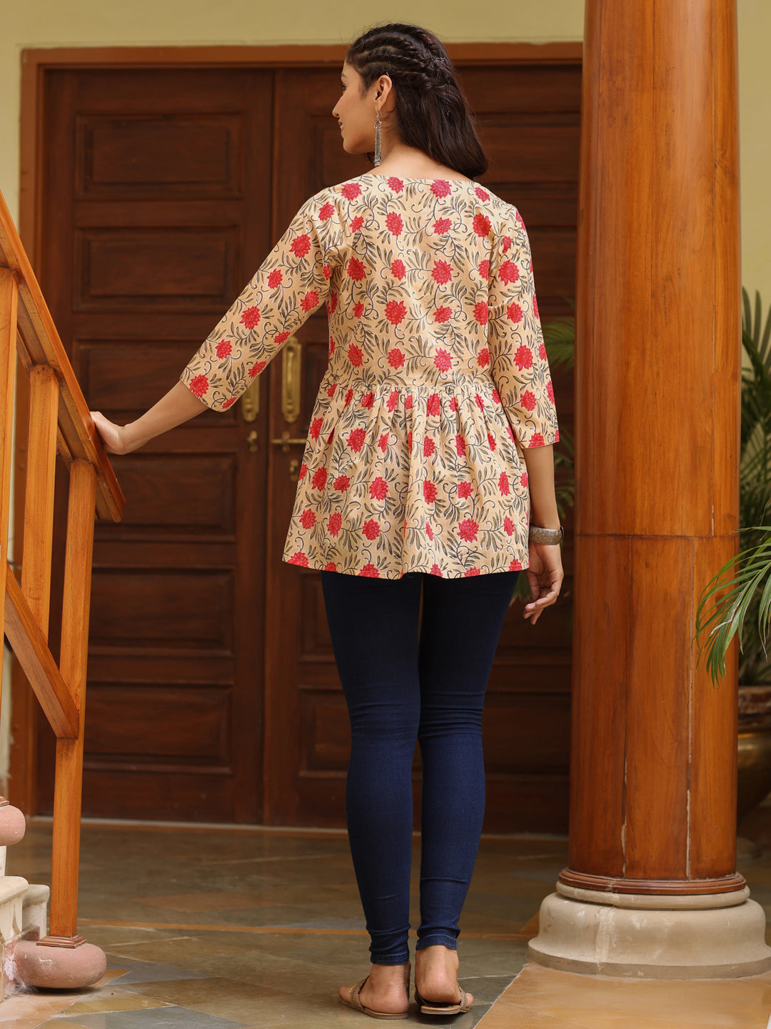 Beige Ethnic Motif Printed Angrakha Cotton Top