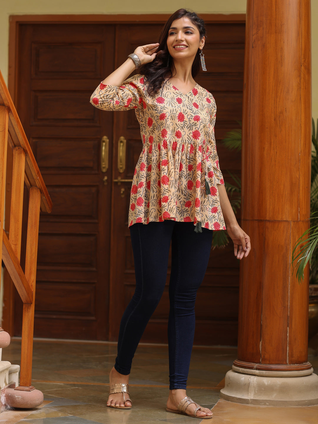Beige Ethnic Motif Printed Angrakha Cotton Top