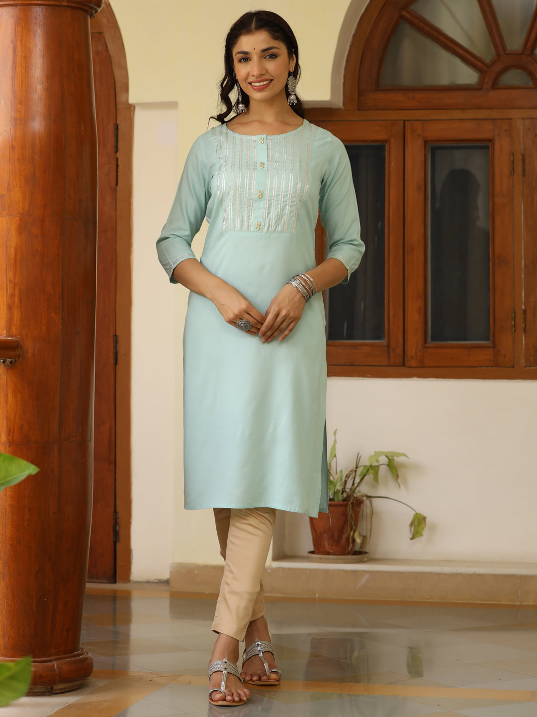 Rayon Solid Gota Embellished Blue Kurta