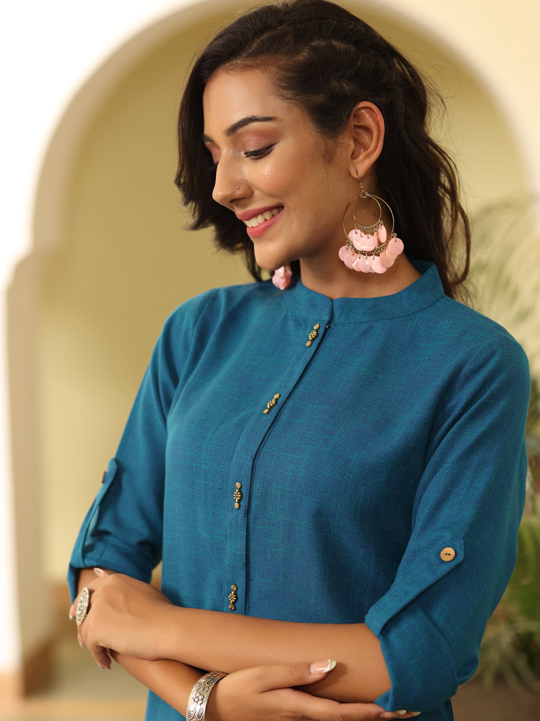 Blue Handloom Embellished Short Kurta