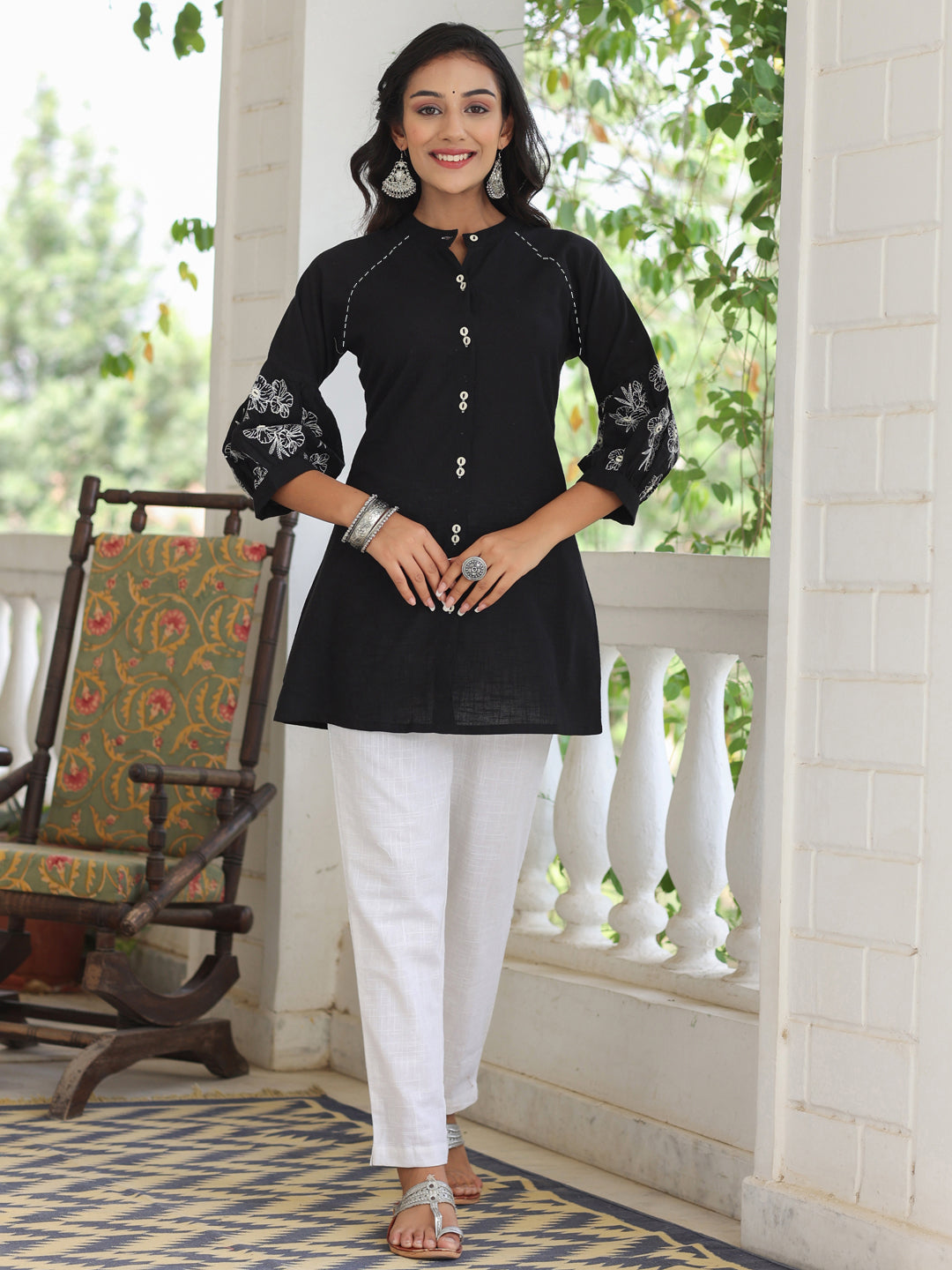 Embroidered Black Puffed Sleeves Long Cotton Shirt