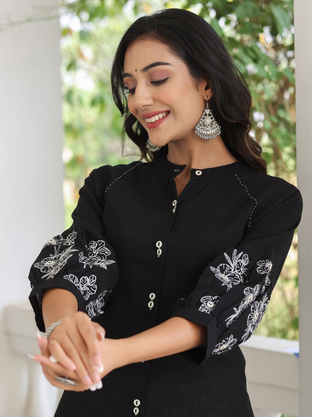 Embroidered Black Puffed Sleeves Long Cotton Shirt