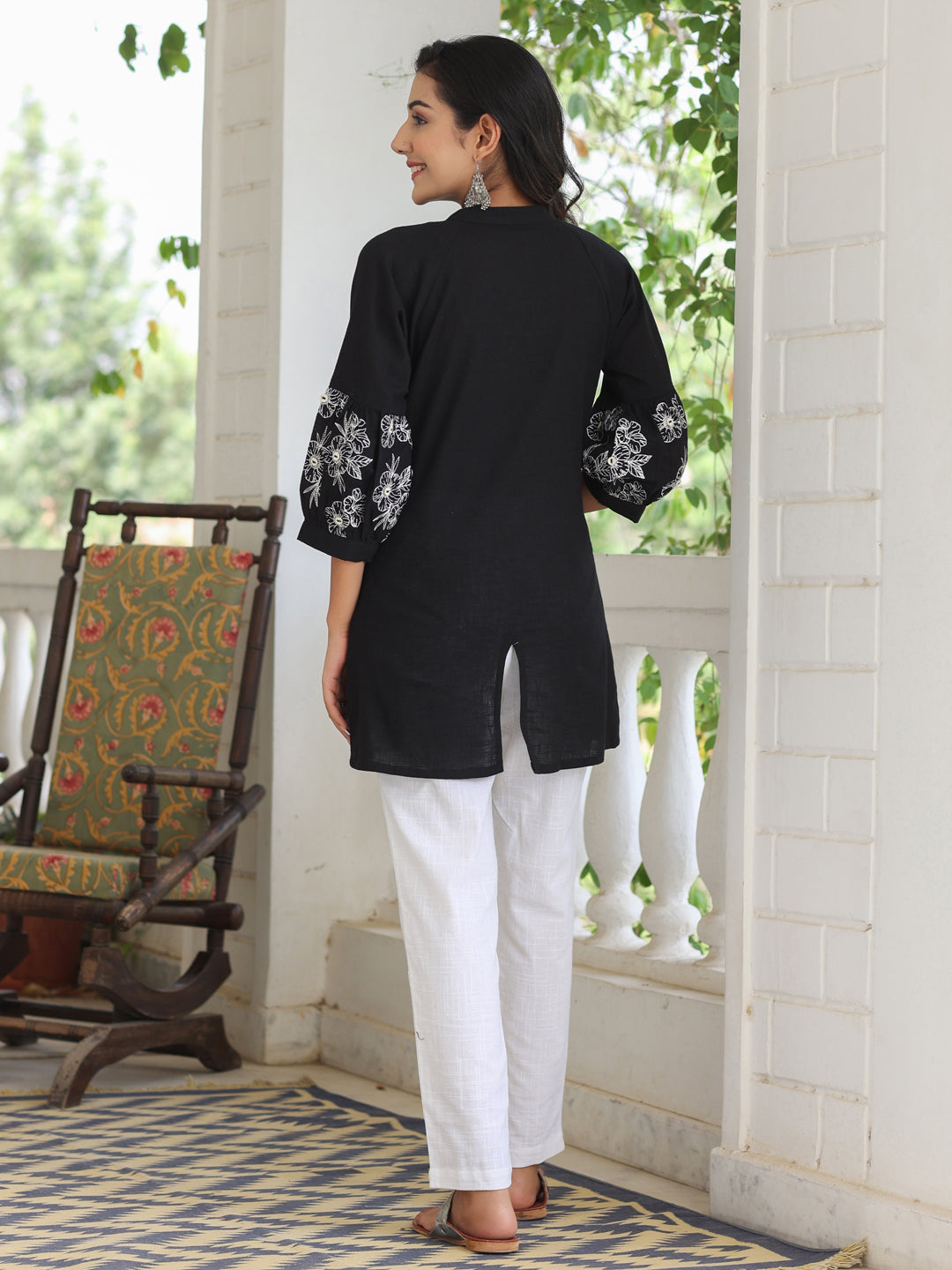 Embroidered Black Puffed Sleeves Long Cotton Shirt