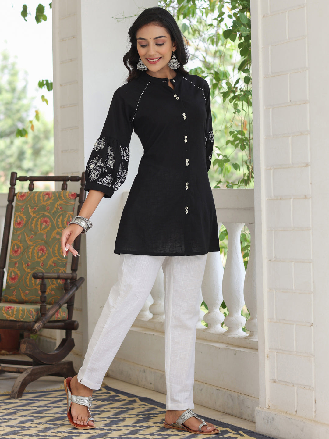 Embroidered Black Puffed Sleeves Long Cotton Shirt