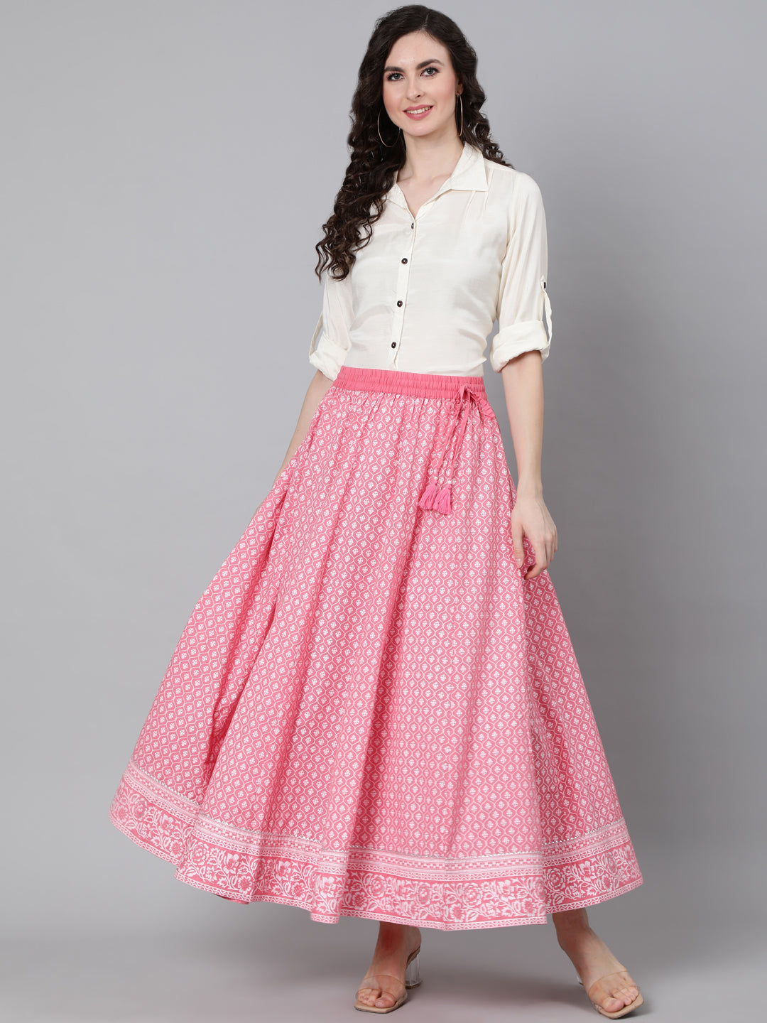 Pink Khadi Printed Maxi Flared Skirt