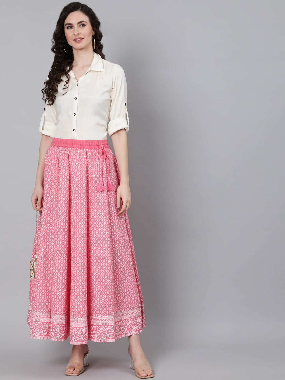 Pink Khadi Printed Maxi Flared Skirt