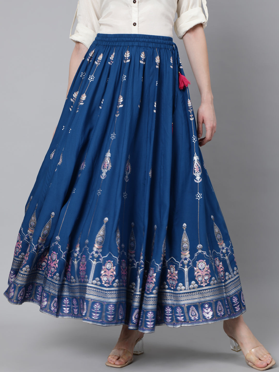 Blue Gold Khadi Printed Maxi Flared Skirt
