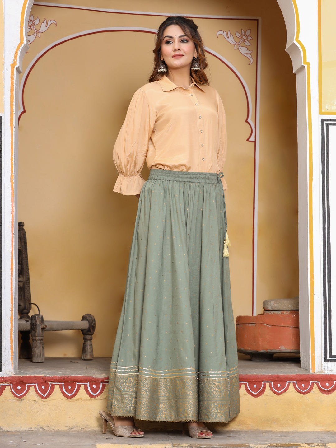 Get Khadi Print Flared Maxi Skirt With Drawstring & Tassel Detail